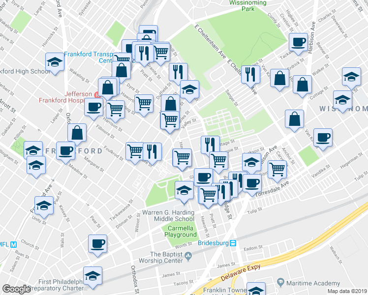 map of restaurants, bars, coffee shops, grocery stores, and more near 1889 Haworth Street in Philadelphia