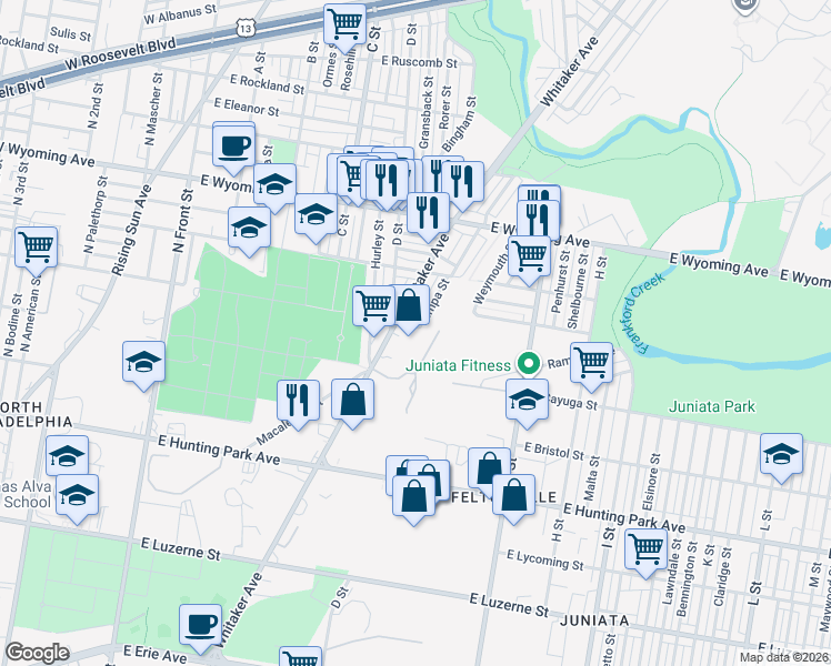 map of restaurants, bars, coffee shops, grocery stores, and more near 504 East Wingohocking Street in Philadelphia