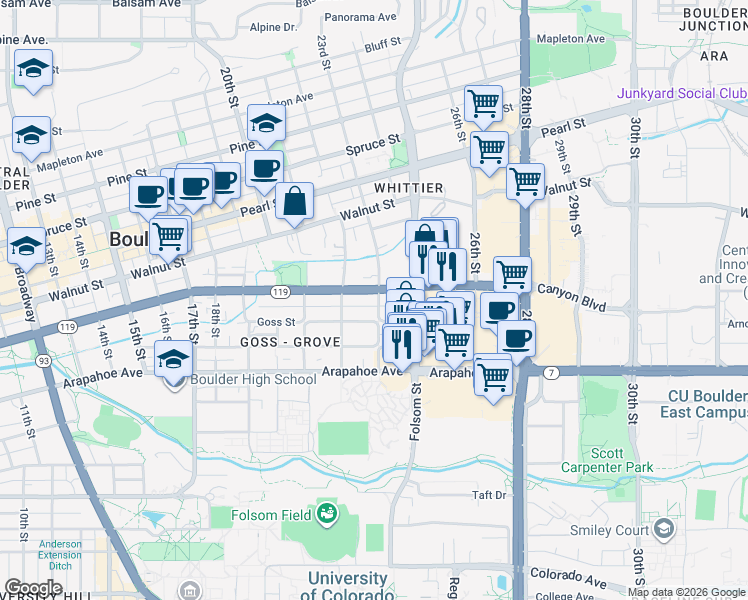 map of restaurants, bars, coffee shops, grocery stores, and more near 2228 Canyon Boulevard in Boulder