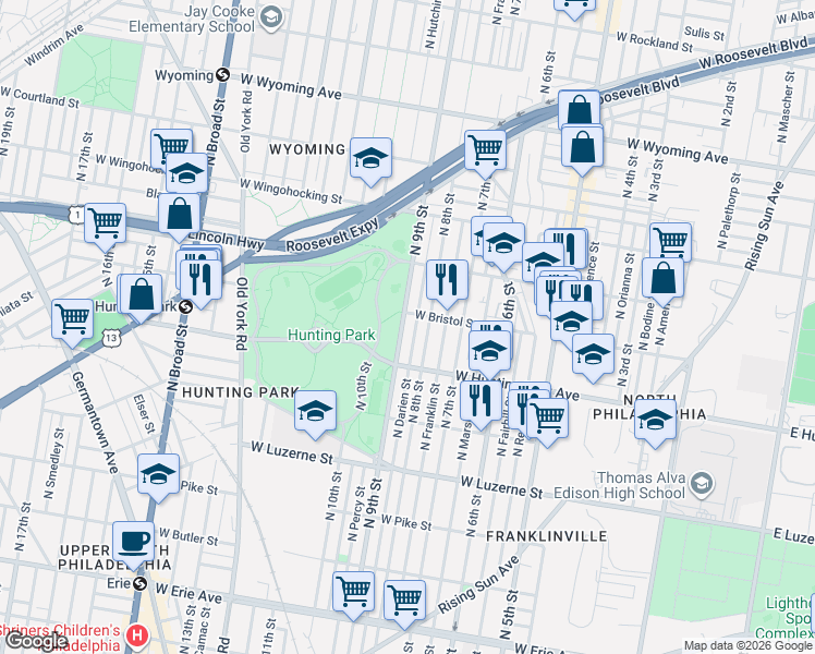map of restaurants, bars, coffee shops, grocery stores, and more near 4249 North 9th Street in Philadelphia