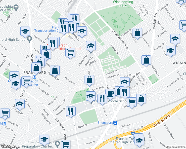 map of restaurants, bars, coffee shops, grocery stores, and more near 1894 Pratt Street in Philadelphia