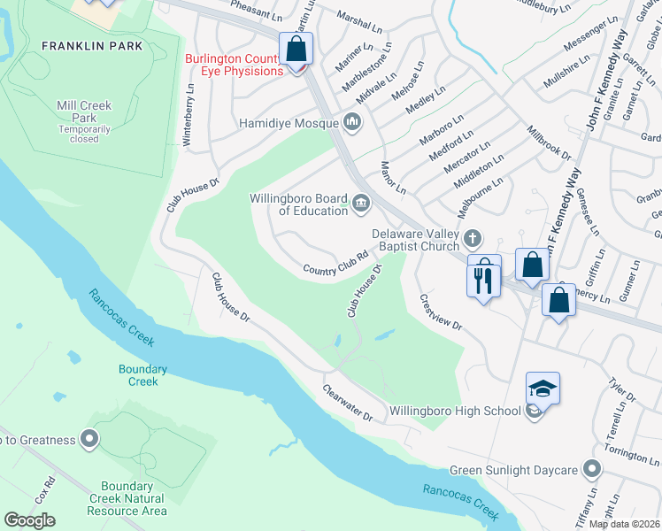 map of restaurants, bars, coffee shops, grocery stores, and more near 125 Country Club Road in Willingboro