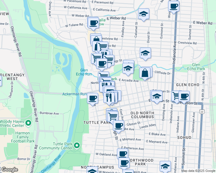 map of restaurants, bars, coffee shops, grocery stores, and more near 2680 North High Street in Columbus