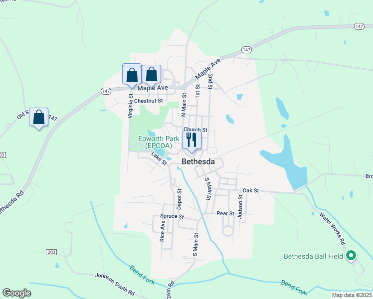 map of restaurants, bars, coffee shops, grocery stores, and more near 210 N Main St in Bethesda