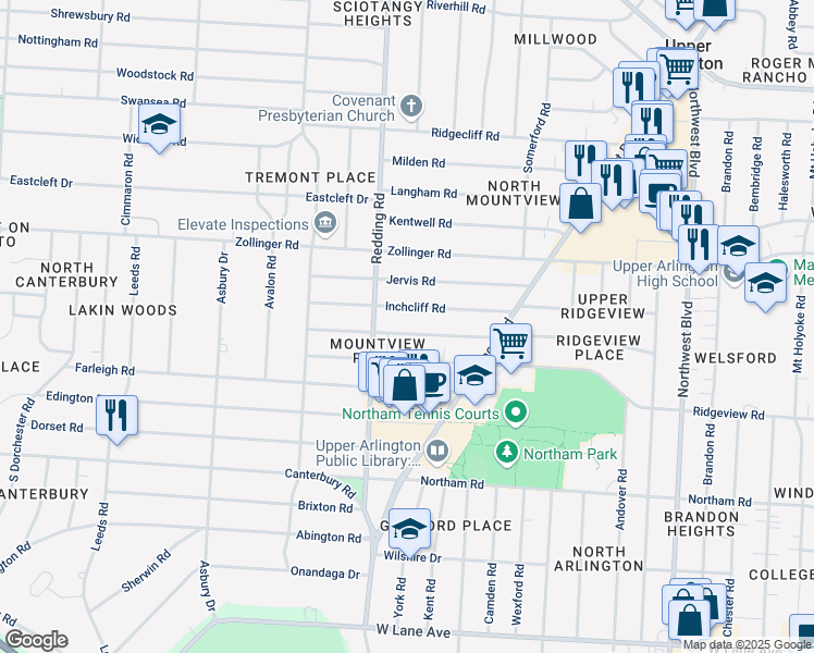 map of restaurants, bars, coffee shops, grocery stores, and more near 2102 Harwitch Road in Upper Arlington