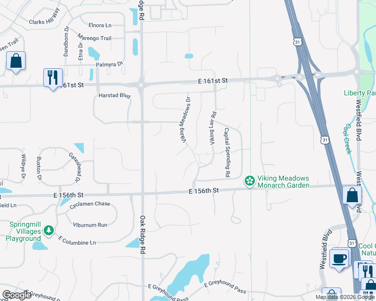 map of restaurants, bars, coffee shops, grocery stores, and more near 15770 Viking Meadows Drive in Westfield