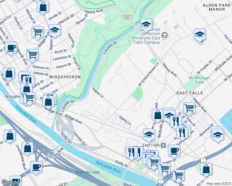 map of restaurants, bars, coffee shops, grocery stores, and more near 3525R West School House Lane in Philadelphia