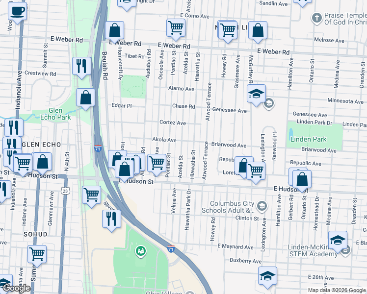 map of restaurants, bars, coffee shops, grocery stores, and more near 2544 Azelda Street in Columbus