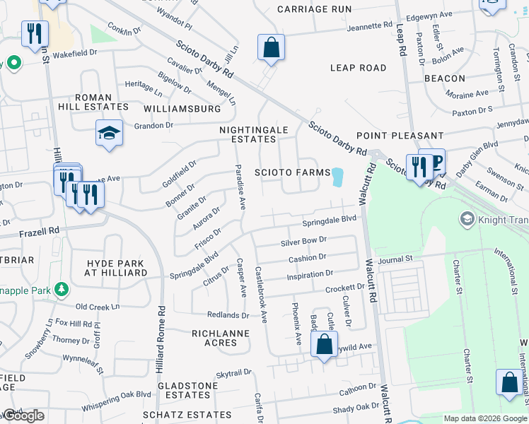 map of restaurants, bars, coffee shops, grocery stores, and more near 5072 Stoneybrook Boulevard in Hilliard
