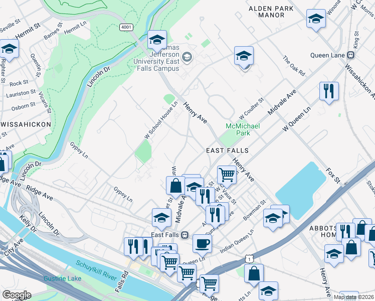 map of restaurants, bars, coffee shops, grocery stores, and more near 3408 Warden Drive in Philadelphia