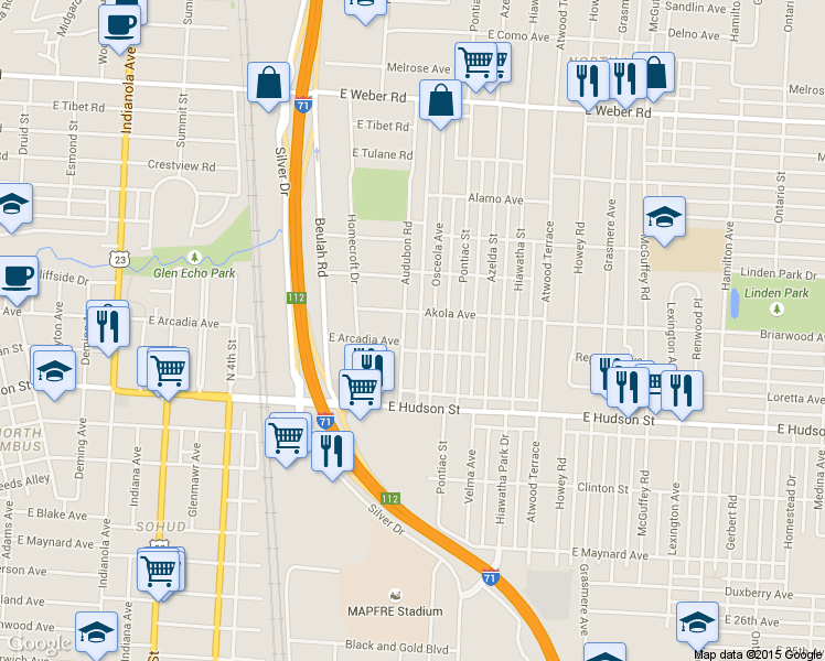 map of restaurants, bars, coffee shops, grocery stores, and more near 2564 Audubon Road in Columbus