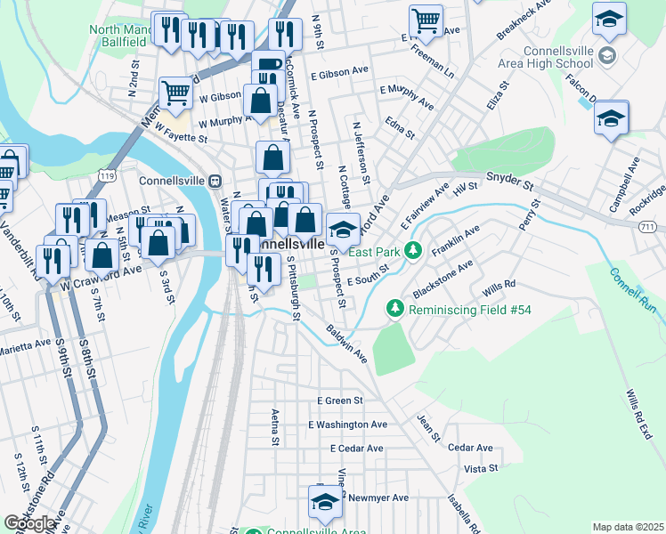 map of restaurants, bars, coffee shops, grocery stores, and more near 116 South Prospect Street in Connellsville