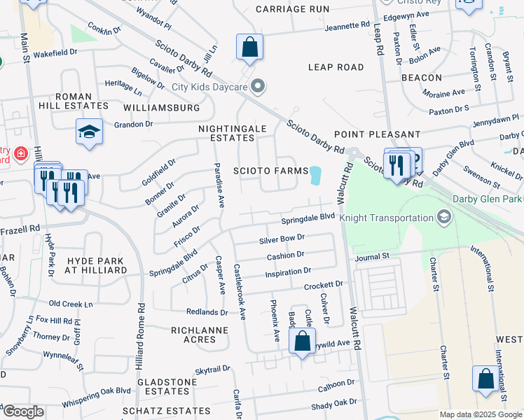 map of restaurants, bars, coffee shops, grocery stores, and more near 5050 Stoneybrook Boulevard in Hilliard