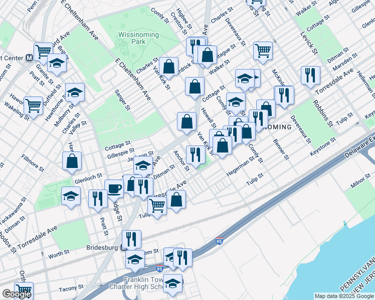 map of restaurants, bars, coffee shops, grocery stores, and more near 2025 East Cheltenham Avenue in Philadelphia