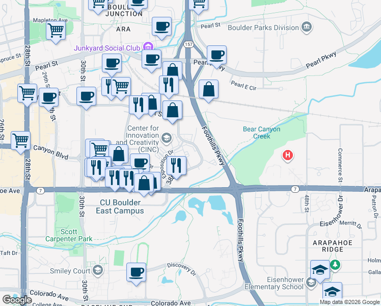 map of restaurants, bars, coffee shops, grocery stores, and more near 1715-1775 38th St in Boulder