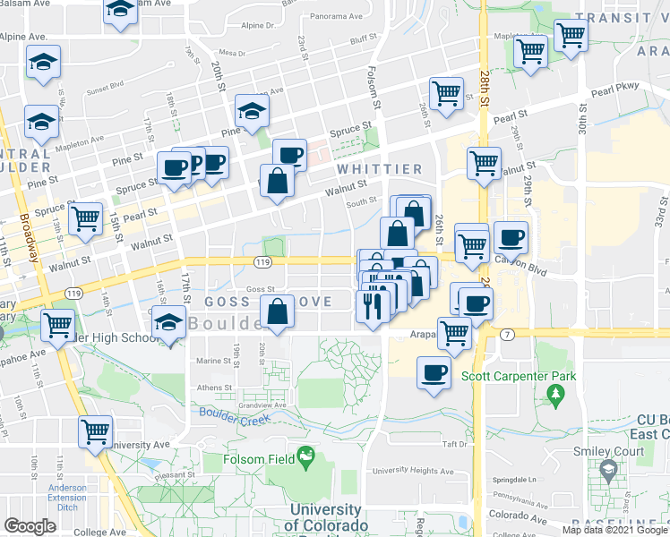 map of restaurants, bars, coffee shops, grocery stores, and more near 2228 Canyon Boulevard in Boulder