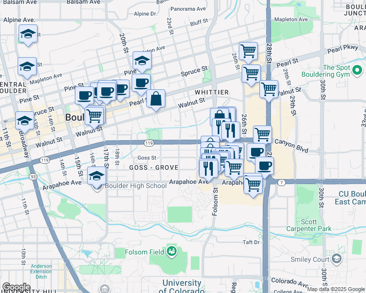 map of restaurants, bars, coffee shops, grocery stores, and more near 2228 Canyon Boulevard in Boulder