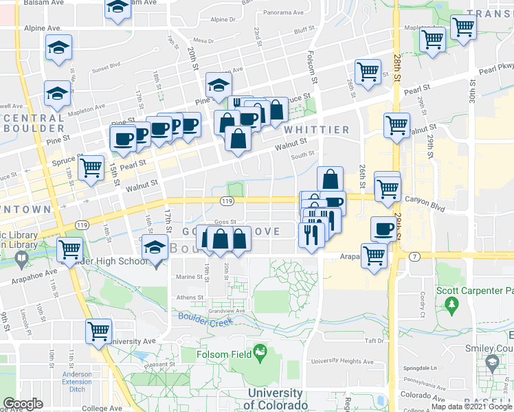map of restaurants, bars, coffee shops, grocery stores, and more near 2120 Canyon Boulevard in Boulder
