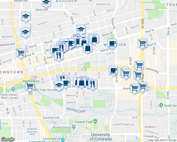 map of restaurants, bars, coffee shops, grocery stores, and more near 2036 Canyon Boulevard in Boulder