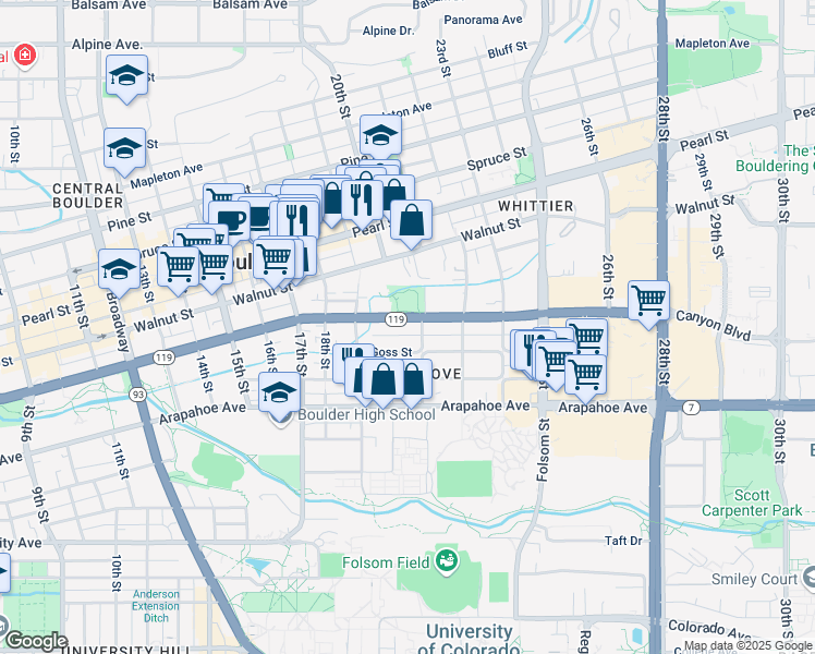 map of restaurants, bars, coffee shops, grocery stores, and more near 2036 Canyon Boulevard in Boulder