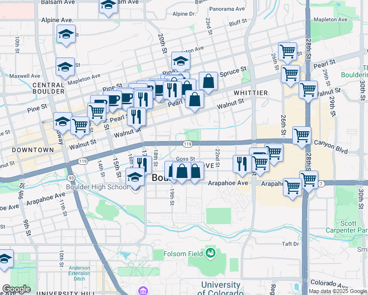 map of restaurants, bars, coffee shops, grocery stores, and more near 2036 Canyon Boulevard in Boulder