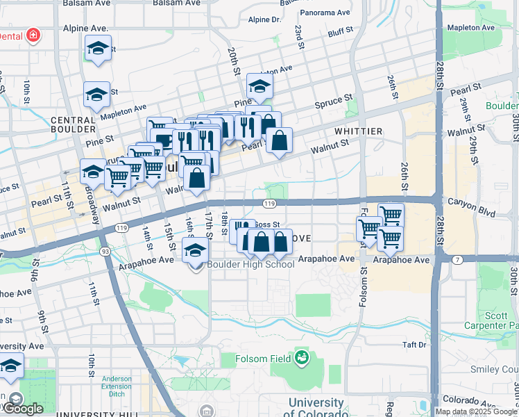 map of restaurants, bars, coffee shops, grocery stores, and more near 1900 Canyon Boulevard in Boulder