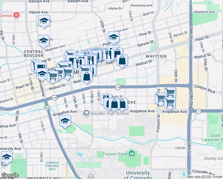 map of restaurants, bars, coffee shops, grocery stores, and more near 1900 Canyon Boulevard in Boulder