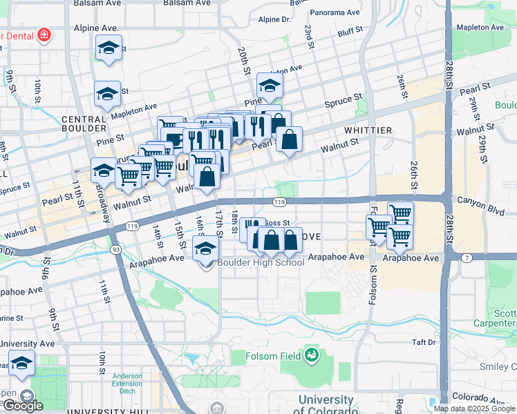 map of restaurants, bars, coffee shops, grocery stores, and more near 1900 Canyon Boulevard in Boulder