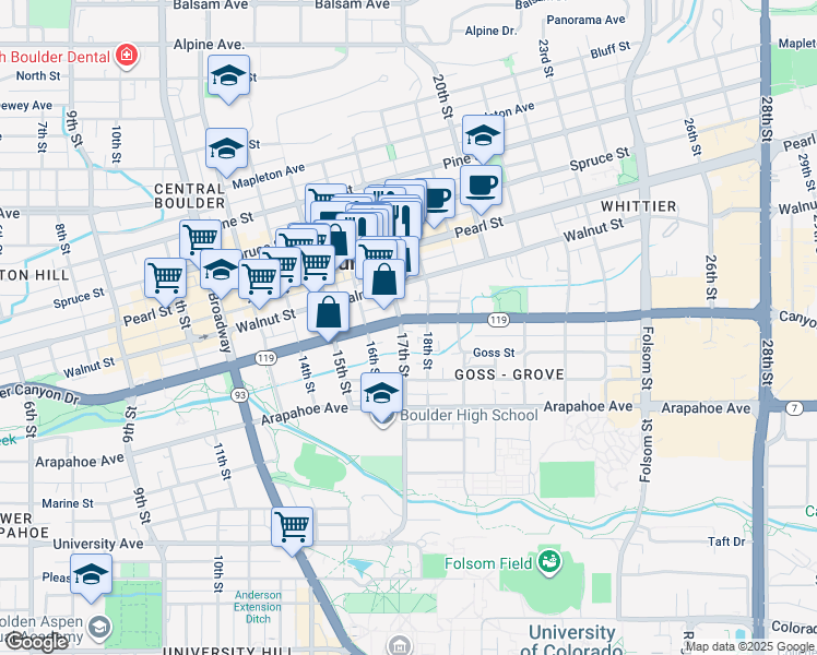 map of restaurants, bars, coffee shops, grocery stores, and more near in Boulder