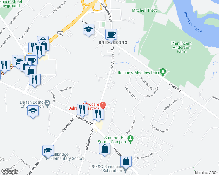 map of restaurants, bars, coffee shops, grocery stores, and more near 201 Lawrence Lane in Riverside