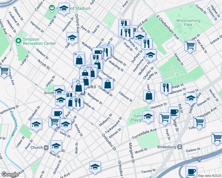 map of restaurants, bars, coffee shops, grocery stores, and more near 4820 Duffield Street in Philadelphia