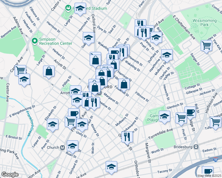 map of restaurants, bars, coffee shops, grocery stores, and more near 4735 Salem Street in Philadelphia