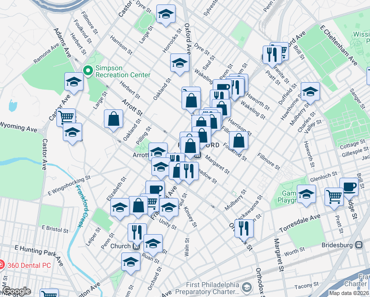 map of restaurants, bars, coffee shops, grocery stores, and more near 4653 Penn Street in Philadelphia