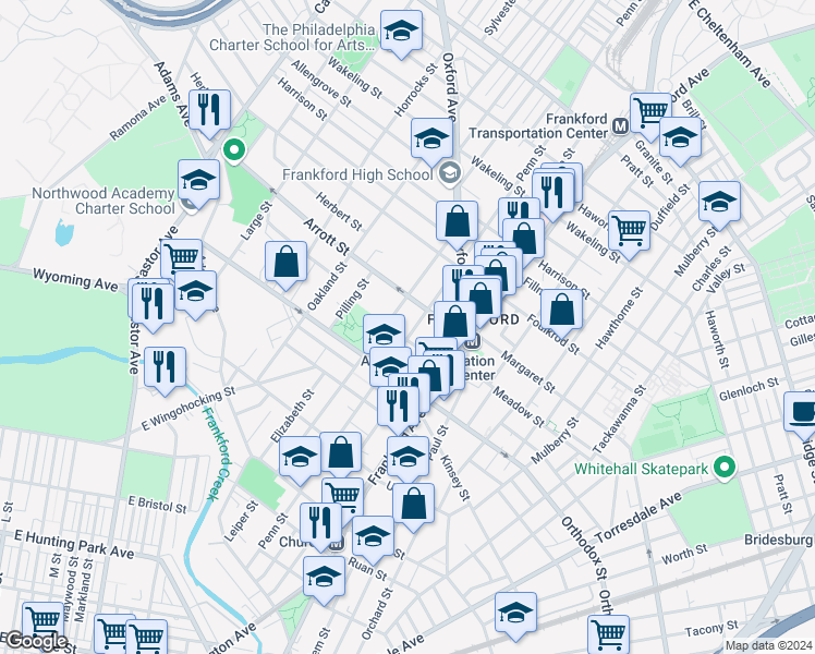 map of restaurants, bars, coffee shops, grocery stores, and more near 4643 Leiper Street in Philadelphia