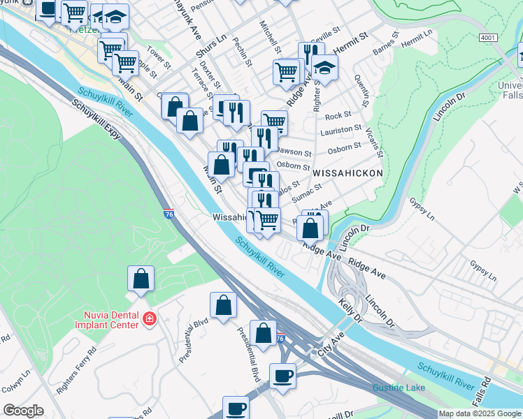 map of restaurants, bars, coffee shops, grocery stores, and more near 3715 Main Street in Philadelphia