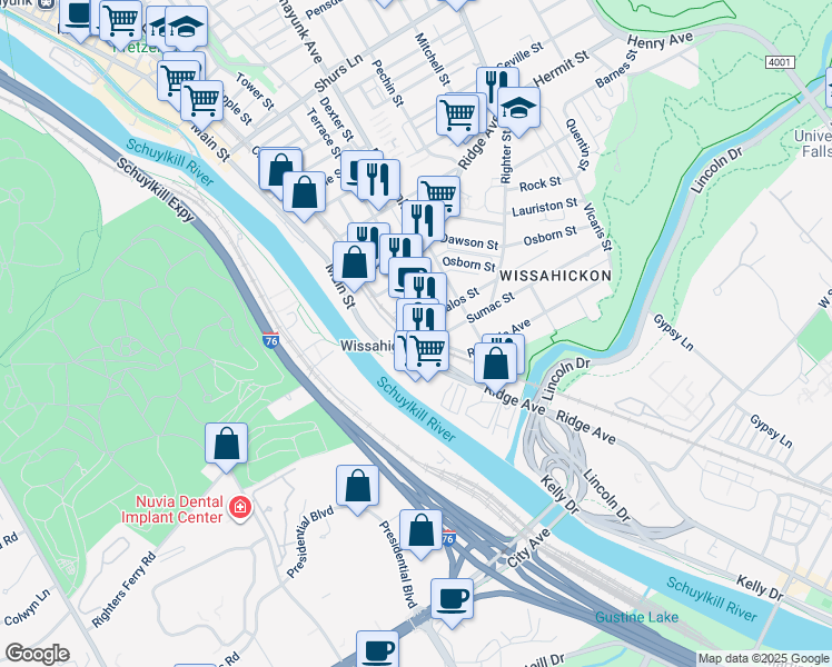 map of restaurants, bars, coffee shops, grocery stores, and more near 3715 Main Street in Philadelphia