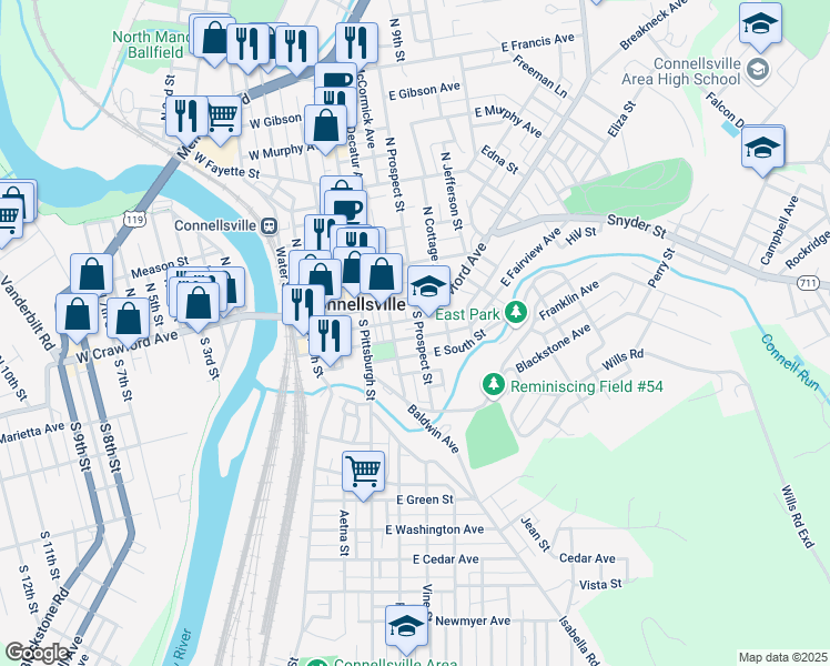 map of restaurants, bars, coffee shops, grocery stores, and more near 116 South Prospect Street in Connellsville