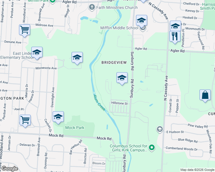 map of restaurants, bars, coffee shops, grocery stores, and more near 2303 Doneen Drive in Columbus