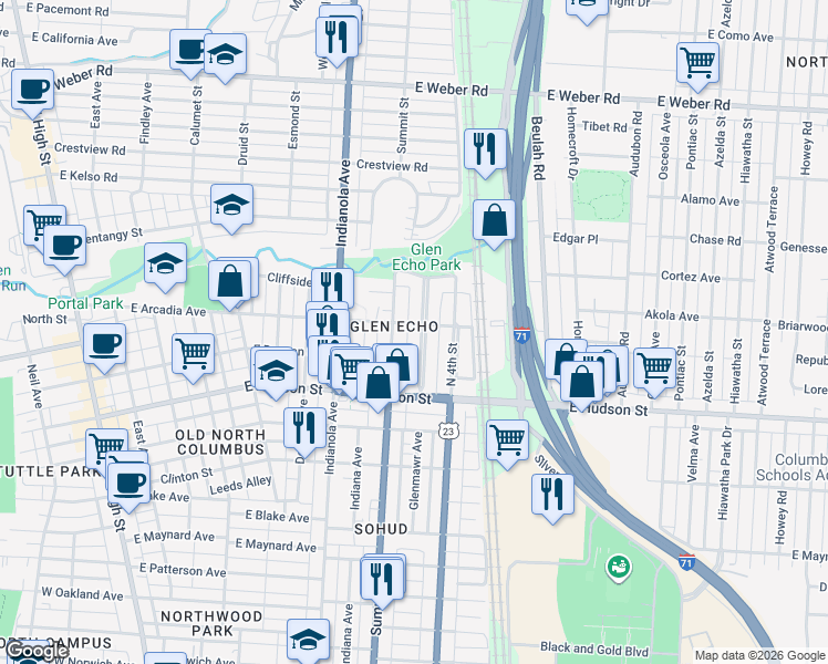 map of restaurants, bars, coffee shops, grocery stores, and more near 2612 Summit Street in Columbus