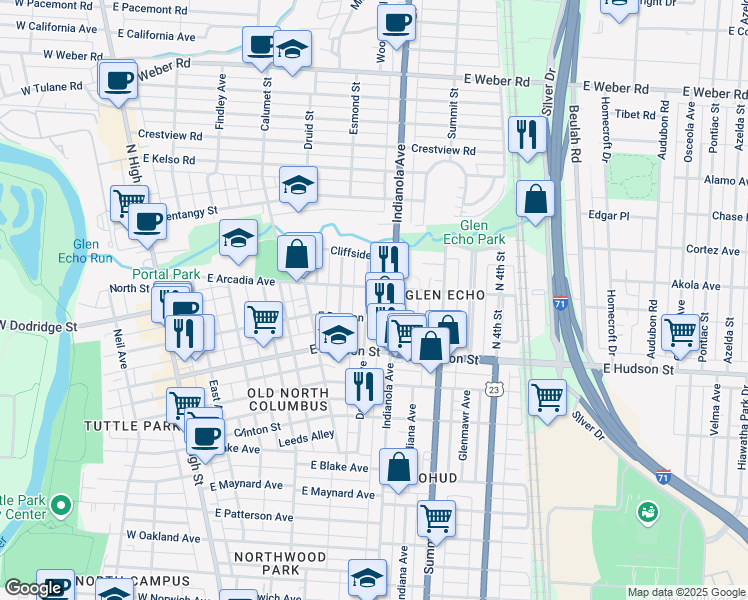 map of restaurants, bars, coffee shops, grocery stores, and more near 2627 Indianola Avenue in Columbus