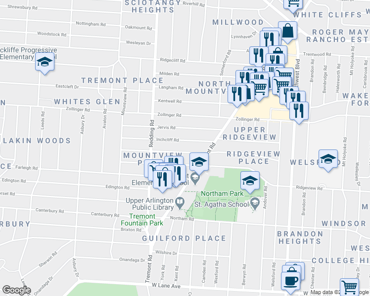 map of restaurants, bars, coffee shops, grocery stores, and more near 2046 Harwitch Road in Columbus