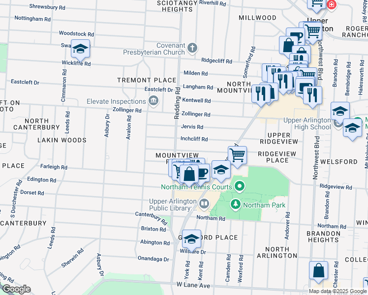 map of restaurants, bars, coffee shops, grocery stores, and more near 2102 Harwitch Road in Upper Arlington