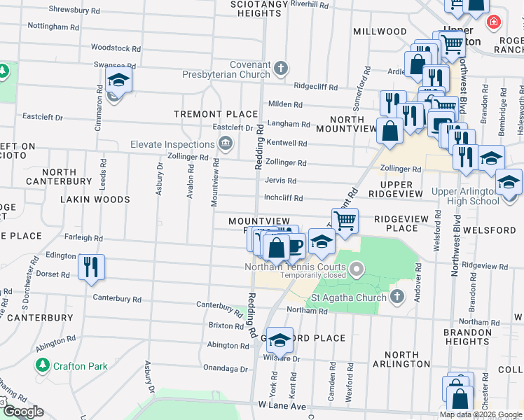 map of restaurants, bars, coffee shops, grocery stores, and more near 2170 Harwitch Road in Columbus