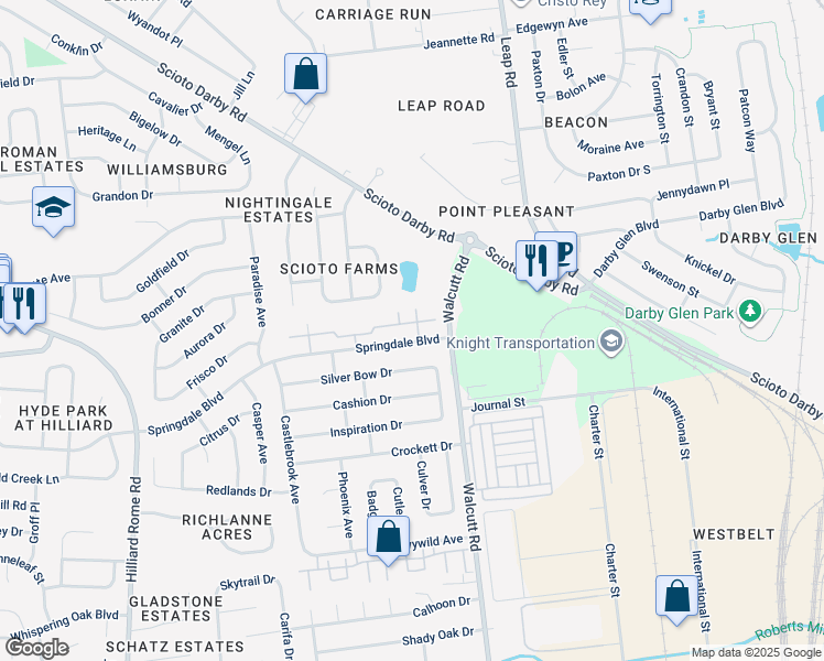 map of restaurants, bars, coffee shops, grocery stores, and more near 4855 Stoneybrook Boulevard in Hilliard