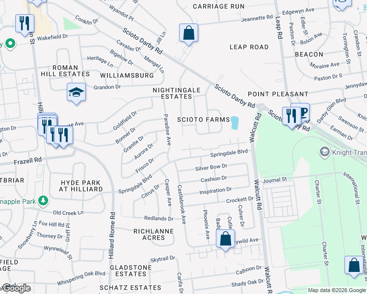 map of restaurants, bars, coffee shops, grocery stores, and more near 5072 Stoneybrook Boulevard in Hilliard