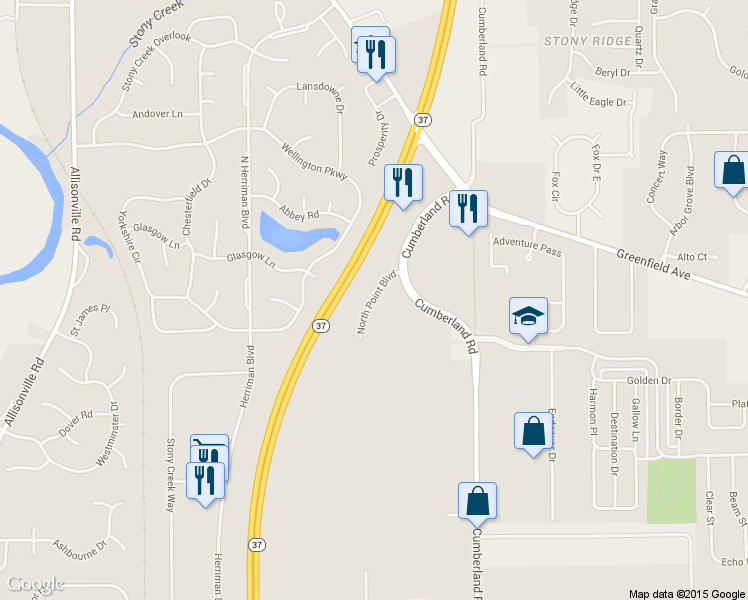 map of restaurants, bars, coffee shops, grocery stores, and more near 10208 Cumberland Pointe Boulevard in Noblesville