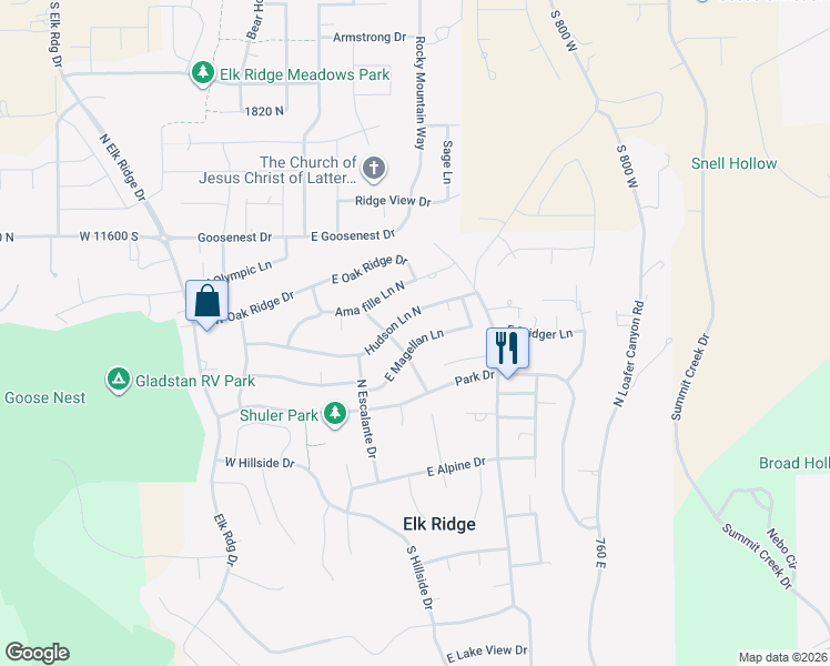 map of restaurants, bars, coffee shops, grocery stores, and more near 339 E Magellan Ln in Elk Ridge