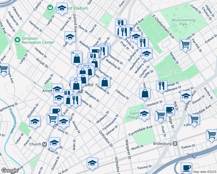 map of restaurants, bars, coffee shops, grocery stores, and more near 4822 Duffield Street in Philadelphia
