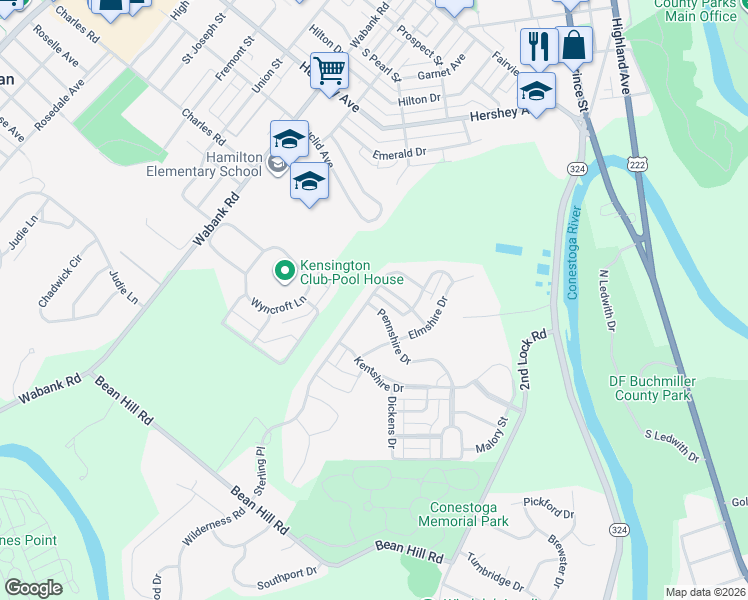 map of restaurants, bars, coffee shops, grocery stores, and more near 101 Pennshire Drive in Lancaster