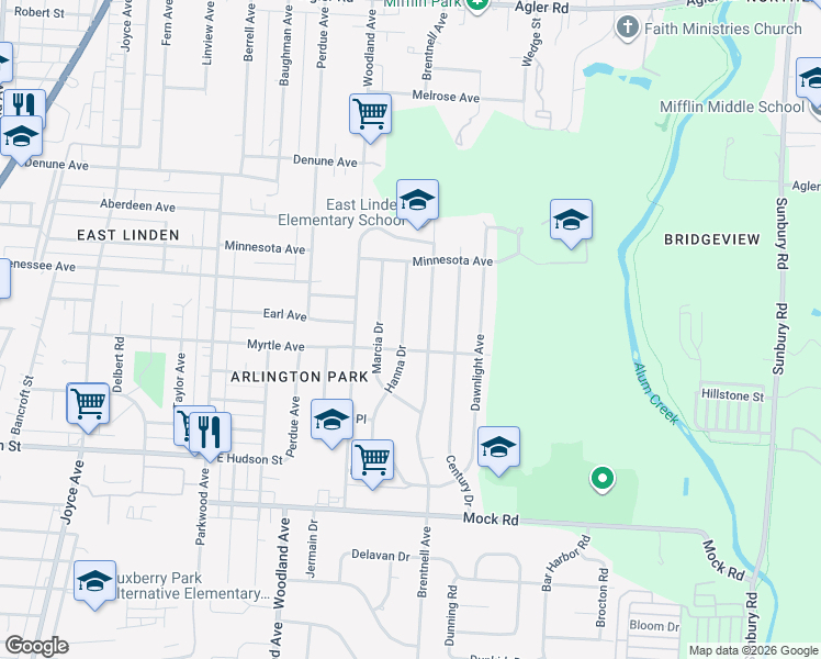 map of restaurants, bars, coffee shops, grocery stores, and more near 2354 Hanna Drive in Columbus